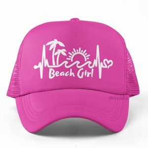 🆕Beach Girl Heartbeat Scene Foam Trucker Hat Mesh Snapback Cap Hot Pink